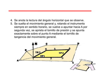 4. Se anota la lectura del ángulo horizontal que se observe.
5. Se suelta el movimiento general y, rotando el instrumento
siempre en sentido horario, se vuelve a apuntar hacia A por
segunda vez, se aprieta el tornillo de presión y se apunta
exactamente sobre el punto A mediante el tornillo de
tangencia del movimiento general.
 