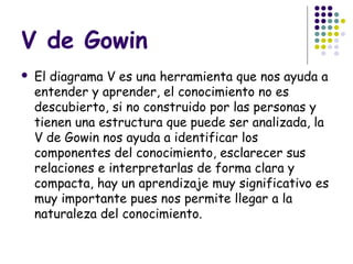 V de Gowin
   El diagrama V es una herramienta que nos ayuda a
    entender y aprender, el conocimiento no es
    descubierto, si no construido por las personas y
    tienen una estructura que puede ser analizada, la
    V de Gowin nos ayuda a identificar los
    componentes del conocimiento, esclarecer sus
    relaciones e interpretarlas de forma clara y
    compacta, hay un aprendizaje muy significativo es
    muy importante pues nos permite llegar a la
    naturaleza del conocimiento.
 