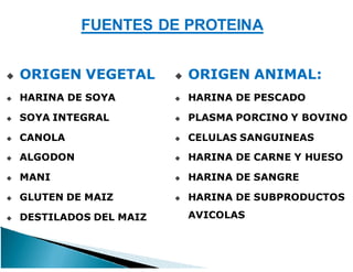 FUENTES DE PROTEINA
ORIGEN VEGETAL
HARINA DE SOYA
SOYA INTEGRAL
CANOLA
ALGODON
MANI
GLUTEN DE MAIZ
DESTILADOS DEL MAIZ
ORIGEN ANIMAL:
HARINA DE PESCADO
PLASMA PORCINO Y BOVINO
CELULAS SANGUINEAS
HARINA DE CARNE Y HUESO
HARINA DE SANGRE
HARINA DE SUBPRODUCTOS
AVICOLAS
 