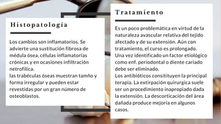 T r a t a m i e n t o
Es un poco problemática en virtud de la
naturaleza avascular relativa del tejido
afectado y de su extensión. Aún con
tratamiento, el curso es prolongado.
Una vez identificado un factor etiológico
como enf. periodontal o diente cariado
debe ser eliminado.
Los antibióticos consitituyen la principal
terapia. La extirpación quirurgica suele
ser un procedimiento inapropiado dada
la extensión. La descorticación del área
dañada produce mejoria en algunos
casos.
Los cambios son inflamatorios. Se
advierte una sustitución fibrosa de
médula ósea, células inflamatorias
crónicas y en ocasiones infiltración
netrofilica.
las trabéculas óseas muestran tamño y
forma irregular y pueden estar
revestidas por un gran número de
osteoblastos.
H i s t o p a t o l o g í a
 