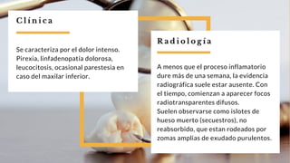 R a d i o l o g í a
A menos que el proceso inflamatorio
dure más de una semana, la evidencia
radiográfica suele estar ausente. Con
el tiempo, comienzan a aparecer focos
radiotransparentes difusos.
Suelen observarse como islotes de
hueso muerto (secuestros), no
reabsorbido, que estan rodeados por
zomas amplias de exudado purulentos.
Se caracteriza por el dolor intenso.
Pirexia, linfadenopatía dolorosa,
leucocitosis, ocasional parestesia en
caso del maxilar inferior.
C l í n i c a
 