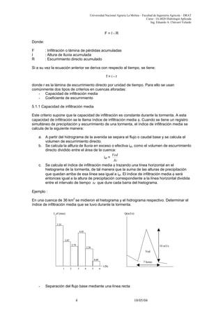 Universidad Nacional Agraria La Molina – Facultad de Ingeniería Agrícola – DRAT
Curso : IA-4026 Hidrología Aplicada
Ing. Eduardo A. Chávarri Velarde
F = I - R
Donde:
F : Infiltración o lámina de pérdidas acumuladas
I : Altura de lluvia acumulada
R : Escurrimiento directo acumulado
Si a su vez la ecuación anterior se deriva con respecto al tiempo, se tiene:
f = i - r
donde r es la lámina de escurrimiento directo por unidad de tiempo. Para ello se usan
comúnmente dos tipos de criterios en cuencas aforadas:
- Capacidad de infiltración media
- Coeficiente de escurrimiento
5.1.1 Capacidad de infiltración media
Este criterio supone que la capacidad de infiltración es constante durante la tormenta. A esta
capacidad de infiltración se le llama índice de infiltración media φ. Cuando se tiene un registro
simultáneo de precipitación y escurrimiento de una tormenta, el índice de infiltración media se
calcula de la siguiente manera:
a. A partir del hidrograma de la avenida se separa el flujo o caudal base y se calcula el
volumen de escurrimiento directo.
b. Se calcula la alltura de lluvia en exceso o efectiva ief, como el volumen de escurrimiento
directo dividido entre el área de la cuenca:
ief =
Ac
Ved
c. Se calcula el índice de infiltración media φ trazando una línea horizontal en el
hietograma de la tormenta, de tal manera que la suma de las alturas de precipitación
que quedan arriba de esa línea sea igual a ief. El índice de infiltración media φ será
entonces igual a la altura de precipitación correspondiente a la línea horizontal dividida
entre el intervalo de tiempo que dure cada barra del hietograma.t∆
Ejemplo :
En una cuenca de 36 km2
se midieron el hietograma y el hidrograma respectivo. Determinar el
índice de infiltración media que se tuvo durante la tormenta.
5.35
3.07
2.79
4.45
2.20
0.60
1 2 3 4 5 6
Ved
I_ef (mm) Q(m3/s)
t (h)
5.35
3.07
2.79
4.45
2.20
0.60
1 2 3 4 5 6
Ved
I_ef (mm) Q(m3/s)
t (h)
10 m3/s
7 horas
- Separación del flujo base mediante una línea recta
4 10/05/04
 