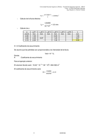 Universidad Nacional Agraria La Molina – Facultad de Ingeniería Agrícola – DRAT
Curso : IA-4026 Hidrología Aplicada
Ing. Eduardo A. Chávarri Velarde
3
126000
2
7*3600*10
mVed ==
- Cálculo de la lluvia efectiva
Ief = 6
10*36
126000
= 3.5 mm
- Cálculo de φ
φ i_ef 1 i_ef 2 i_ef 3 i_ef 4 i_ef 5 i_ef 6 Σ
mm/h mm mm mm mm mm mm mm
4.00 1.35 0.45 1.80
3.00 2.35 0.07 1.45 3.87
3.15 2.20 1.30 3.50
5.1.2 Coeficiente de escurrimiento
Se asume que las pérdidas son proporcionales a la intensidad de la lluvia.
Ved = K * Vll
Donde:
K : Coeficiente de escurrimiento
Para el ejemplo anterior:
El volumen llovido será : 18.46 * 10 -3
* 36 * 106
= 664 560 m3
El coeficiente de escurrimiento será:
K = 19.0
664560
126000
=
5 10/05/04
 