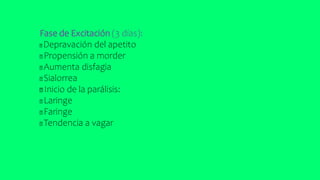 Fase de Excitación (3 días):
Depravación del apetito
Propensión a morder
Aumenta disfagia
Sialorrea
Inicio de la parálisis:
Laringe
Faringe
Tendencia a vagar
 