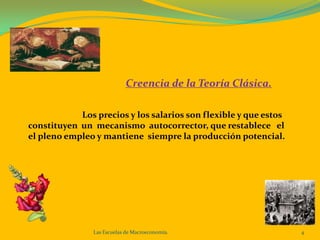 Las Escuelas de Macroeconomía.4Creencia de la Teoría Clásica.Los precios y los salarios son flexible y que estos constituyen  un  mecanismo  autocorrector, que restablece   elel pleno empleo y mantiene siempre la producción potencial.