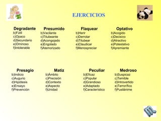 EJERCICIOS Flaquear Herir Derrotar Titubear Claudicar Menospreciar Medroso Suspicaz Temible Introvertido Terrorífico Pusilánime Optativo Acogido Decisivo Atractivo Potestativo Apremiante Presumido Vacilante Titubeante Acongojado Engolado Atemorizado Presagio Indicio Augurio Hipótesis Ensayo Prevención Matiz Ámbito Precisión Contexto Aspecto Unidad Peculiar Eficaz Popular Grandioso Adaptado Característico Degradante Fútil Opaco Secundario Ominoso Intolerable 
