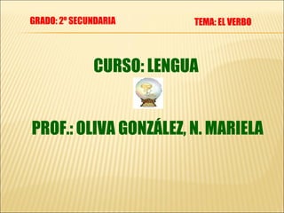 CURSO: LENGUA  PROF.: OLIVA GONZÁLEZ, N. MARIELA TEMA: EL VERBO GRADO: 2º SECUNDARIA 