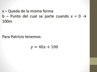 x – Queda de la misma forma
b – Punto del cual se parte cuando x = 0 →
100m
Para Patricio tenemos:
𝑦 = 40𝑥 + 100
 