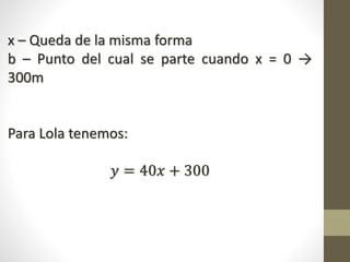 x – Queda de la misma forma
b – Punto del cual se parte cuando x = 0 →
300m
Para Lola tenemos:
𝑦 = 40𝑥 + 300
 