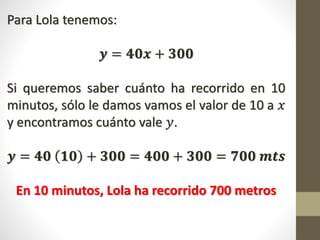 Para Lola tenemos:
𝒚 = 𝟒𝟎𝒙 + 𝟑𝟎𝟎
Si queremos saber cuánto ha recorrido en 10
minutos, sólo le damos vamos el valor de 10 a 𝑥
y encontramos cuánto vale 𝑦.
𝒚 = 𝟒𝟎 𝟏𝟎 + 𝟑𝟎𝟎 = 𝟒𝟎𝟎 + 𝟑𝟎𝟎 = 𝟕𝟎𝟎 𝒎𝒕𝒔
En 10 minutos, Lola ha recorrido 700 metros
 