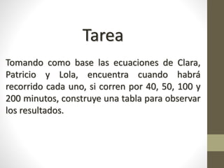 Tarea
Tomando como base las ecuaciones de Clara,
Patricio y Lola, encuentra cuando habrá
recorrido cada uno, si corren por 40, 50, 100 y
200 minutos, construye una tabla para observar
los resultados.
 