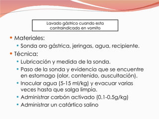 Materiales:  Sonda oro gástrica, jeringas, agua, recipiente. Técnica: Lubricación y medida de la sonda. Paso de la sonda y evidencia que se encuentre en estomago (olor, contenido, auscultación). Inocular agua (5-15 ml/kg) y evacuar varias veces hasta que salga limpia. Administrar carbón activado (0.1-0.5g/kg) Administrar un catártico salino Lavado gástrico cuando esta contraindicado en vomito 