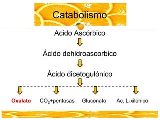Catabolismo
Acido Ascórbico
Ácido dehidroascorbico
Ácido dicetogulónico
Oxalato CO2+pentosas Gluconato Ac. L-xilónico
 