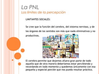 La PNL
Los límites de la percepción
LIMITANTES SOCIALES:
Se cree que la función del cerebro, del sistema nervioso, y de
los órganos de los sentidos son más que nada eliminativos y no
productivos.
El cerebro permite que dejemos afuera gran parte de todo
aquello que de otra manera deberíamos estar percibiendo y
recordando en todo momento y quedemos únicamente con esa
pequeña y especial porción que nos pueda resultar práctico.
 