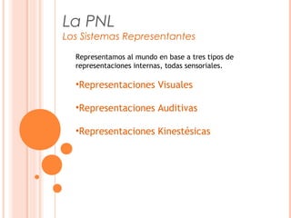 La PNL
Los Sistemas Representantes
Representamos al mundo en base a tres tipos de
representaciones internas, todas sensoriales.
•Representaciones Visuales
•Representaciones Auditivas
•Representaciones Kinestésicas
 