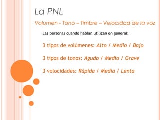 La PNL
Volumen - Tono – Timbre – Velocidad de la voz
Las personas cuando hablan utilizan en general:
3 tipos de volúmenes: Alto / Medio / Bajo
3 tipos de tonos: Agudo / Medio / Grave
3 velocidades: Rápida / Media / Lenta
 