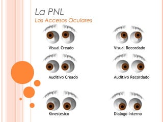 La PNL
Los Accesos Oculares
Visual Creado Visual Recordado
Auditivo Creado Auditivo Recordado
Kinestesico Dialogo Interno
 