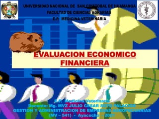 EVALUACION ECONOMICO
FINANCIERA
E.P. Medicina Veterinaria
Docente: Mg. MVZ JULIO CESAR SOTO PALACIOS
GESTION Y ADMINISTRACION DE EMPRESAS AGROPECUARIAS
(MV – 541) - Ayacucho - 2021
 
