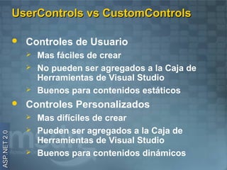 UserControls vs CustomControls

                 Controles de Usuario
                     Mas fáciles de crear
                     No pueden ser agregados a la Caja de
                      Herramientas de Visual Studio
                     Buenos para contenidos estáticos
                 Controles Personalizados
                     Mas difíciles de crear
                     Pueden ser agregados a la Caja de
ASP.NET 2.0




                      Herramientas de Visual Studio
                     Buenos para contenidos dinámicos
 