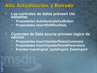 Alta, Actualización, y Borrado
                Los controles de datos proveen UIs
                editables
                  Propiedades AutoGenerateXxxButton
                  Propiedades Insert/EditRowStyle

                Controles de Data source proveen lógica de
                edición
                  Propiedades Insert/Update/DeleteCommand
                  Propiedades Insert/Update/DeleteParameters
                  Eventos Inserting/ed, Updating/ed, Deleting/ed
ASP.NET 2.0
 