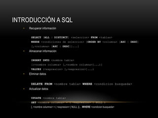 INTRODUCCIÓN A SQL
•

Recuperar información
SELECT [ALL | DISTINCT] <seleccion> FROM <tablas>
WHERE <condiciones de seleccion> [ORDER BY <columna> [ASC | DESC]
[,<columna> [ASC | DESC]]...]

•

Almacenar información
INSERT INTO <nombre tabla>
[(<nombre columna> [,<nombre columna>]...)]
VALUES (<expresion> [,<expresion>]...)

•

Eliminar datos
DELETE FROM <nombre tabla> WHERE <condicion busqueda>

•

Actualizar datos
UPDATE <nombre tabla>
SET <nombre columna> = ( <expresion> | NULL )
[, <nombre columna> = ( <expresion> | NULL )]... WHERE <condicion busqueda>

 