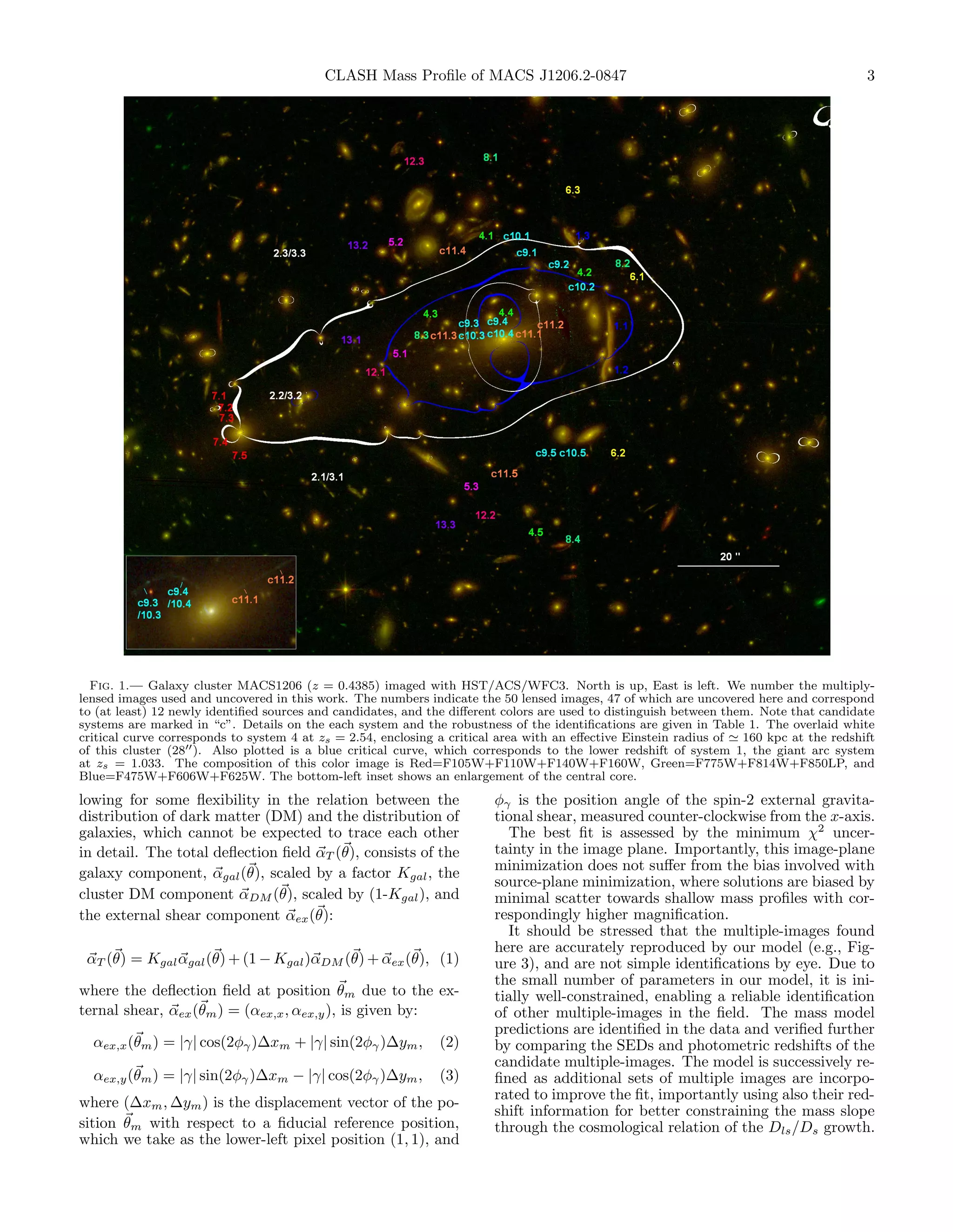 CLASH Mass Proﬁle of MACS J1206.2-0847                                                         3




  Fig. 1.— Galaxy cluster MACS1206 (z = 0.4385) imaged with HST/ACS/WFC3. North is up, East is left. We number the multiply-
lensed images used and uncovered in this work. The numbers indicate the 50 lensed images, 47 of which are uncovered here and correspond
to (at least) 12 newly identiﬁed sources and candidates, and the diﬀerent colors are used to distinguish between them. Note that candidate
systems are marked in “c”. Details on the each system and the robustness of the identiﬁcations are given in Table 1. The overlaid white
critical curve corresponds to system 4 at zs = 2.54, enclosing a critical area with an eﬀective Einstein radius of  160 kpc at the redshift
of this cluster (28 ). Also plotted is a blue critical curve, which corresponds to the lower redshift of system 1, the giant arc system
at zs = 1.033. The composition of this color image is Red=F105W+F110W+F140W+F160W, Green=F775W+F814W+F850LP, and
Blue=F475W+F606W+F625W. The bottom-left inset shows an enlargement of the central core.
lowing for some ﬂexibility in the relation between the                  φγ is the position angle of the spin-2 external gravita-
distribution of dark matter (DM) and the distribution of                tional shear, measured counter-clockwise from the x-axis.
galaxies, which cannot be expected to trace each other                    The best ﬁt is assessed by the minimum χ2 uncer-
in detail. The total deﬂection ﬁeld αT (θ), consists of the             tainty in the image plane. Importantly, this image-plane
galaxy component, αgal (θ), scaled by a factor Kgal , the               minimization does not suﬀer from the bias involved with
                                                                        source-plane minimization, where solutions are biased by
cluster DM component αDM (θ), scaled by (1-Kgal ), and                  minimal scatter towards shallow mass proﬁles with cor-
the external shear component αex (θ):                                   respondingly higher magniﬁcation.
                                                                          It should be stressed that the multiple-images found
                                                                        here are accurately reproduced by our model (e.g., Fig-
 αT (θ) = Kgal αgal (θ) + (1 − Kgal )αDM (θ) + αex (θ), (1)             ure 3), and are not simple identiﬁcations by eye. Due to
                                                                        the small number of parameters in our model, it is ini-
where the deﬂection ﬁeld at position θm due to the ex-                  tially well-constrained, enabling a reliable identiﬁcation
ternal shear, αex (θm ) = (αex,x , αex,y ), is given by:                of other multiple-images in the ﬁeld. The mass model
                                                                        predictions are identiﬁed in the data and veriﬁed further
  αex,x (θm ) = |γ| cos(2φγ )∆xm + |γ| sin(2φγ )∆ym ,         (2)       by comparing the SEDs and photometric redshifts of the
                                                                        candidate multiple-images. The model is successively re-
  αex,y (θm ) = |γ| sin(2φγ )∆xm − |γ| cos(2φγ )∆ym ,         (3)       ﬁned as additional sets of multiple images are incorpo-
                                                                        rated to improve the ﬁt, importantly using also their red-
where (∆xm , ∆ym ) is the displacement vector of the po-
                                                                        shift information for better constraining the mass slope
sition θm with respect to a ﬁducial reference position,                 through the cosmological relation of the Dls /Ds growth.
which we take as the lower-left pixel position (1, 1), and
 