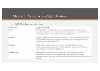 Microsoft Azure: Azure SQL Database
• SQL Database service tiers :
Service tier Target workloads
Basic Best suited for a small database, supporting typically one single active
operation at a given time. Examples include databases used for development
or testing, or small-scale infrequently used applications.
Standard The go-to option for cloud applications with low to medium IO performance
requirements, supporting multiple concurrent queries. Examples include
workgroup or web applications.
Premium Designed for high transactional volume with high IO performance
requirements, supporting many concurrent users. Examples are databases
supporting mission critical applications.
Premium RS Designed for IO-intensive workloads that do not require the highest
availability guarantees. Examples include testing high-performance
workloads, or an analytical workload where the database is not the system of
record.
 
