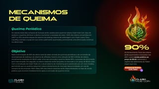 Mecanismos
de Queima
Os valores totais das compras de licenças serão usados ​
​
para queimar tokens Clash Hub Coin. Isso irá
acelerar a queima, diminuir a oferta e aumentar a escassez do token. 100% dos tokens convertidos em
USDT ou POL durante saques do sistema de staking, sistema de arbitragem com Flash Loans, Flow
Liquidity Licenses e swap em sua conta web3 serão queimados, promovendo uma diminuição contínua
na oferta total.
Queima Periódica
Após a eliminação de 90% da oferta total do token através de queimas periódicas e da conversão de
recompensas de staking e do sistema de afiliados, haverá uma redução de 900 milhões de tokens,
inicialmente avaliados em $0,01 cada. Uma vez concluída a queima destes 90%, o processo de eliminação
será interrompido. Em seguida, os tokens restantes serão lançados no mercado a um preço de $0,02 cada.
Com a introdução da Clash Node 2.0, o atual sistema de marketing será substituído por um novo modelo,
permitindo que os usuários adquiram tokens diretamente do mercado descentralizado, em vez de
comprá-los da empresa. Além disso, 65% dos tokens restantes serão disponibilizados na fase de venda
pública, que ocorrerá imediatamente após a conclusão da queima inicial.
Objetivo
90%
Do fornecimento Total dos tokens
serão queimados e lançados nas
DEX`s para venda pública ao
preço de $0.02, dobrando o
capital dos detentores do Token
Clash Hub Coin.
Endereço de Queima
CLHC Token
 