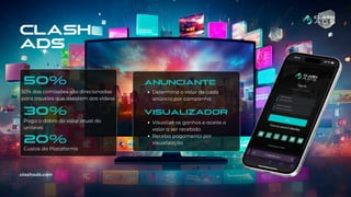 50%
30%
50% das comissões são direcionadas
para aqueles que assistem aos vídeos
Paga o dobro do valor atual do
unilevel
20%
Custos da Plataforma
Determina o valor de cada
anúncio por campanha
Visualize os ganhos e aceite o
valor a ser recebido
Receba pagamento por
visualização
ANUNCIANTE
VISUALIZADOR
clashads.com
CLASH
ADS
 
