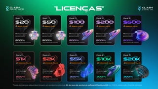 8% Bônus de Equipe
Limite Diário: 50%
15 Níveis Unilevel
Start
$20
Start
$50
Pack 1
$100
Pack 1
$200
2100 clhc 5250 clhc 10500 clhc 21000 clhc 52500 clhc
200%
Teto Máximo de Ganhos
8% Bônus de Equipe
Limite Diário: 50%
15 Níveis Unilevel
200%
Teto Máximo de Ganhos
200%
Teto Máximo de Ganhos
8% Bônus de Equipe
Limite Diário: 50%
15 Níveis Unilevel
200%
Teto Máximo de Ganhos
8% Bônus de Equipe
Limite Diário: 50%
15 Níveis Unilevel
Pack 2
$500
200%
Teto Máximo de Ganhos
8% Bônus de Equipe
Limite Diário: 50%
15 Níveis Unilevel
Pack 3
$1k
Pack 4
$2K
Pack 5
$5K
Pack 6
$10K
Pack 7
$20K
105000 clhc 210000 clhc 525000 clhc 1050000 clhc 2100000 clhc
200%
Teto Máximo de Ganhos
8% Bônus de Equipe
Limite Diário: 50%
15 Níveis Unilevel
300%
Teto Máximo de Ganhos
10% Bônus de Equipe
Limite Diário: 50%
15 Níveis Unilevel
300%
Teto Máximo de Ganhos
10% Bônus de Equipe
Limite Diário: 50%
15 Níveis Unilevel
300%
Teto Máximo de Ganhos
10% Bônus de Equipe
Limite Diário: 50%
15 Níveis Unilevel
300%
Teto Máximo de Ganhos
10% Bônus de Equipe
Limite Diário: 50%
15 Níveis Unilevel
"LICENÇAS"
*Todas as licenças adquiridas incluem um acréscimo único de 5% de taxa de serviço do software ClashLend AI por PACK, válido até o final do contrato.
 