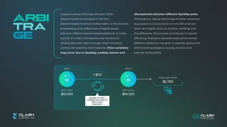 Arbi
tra
ge
Cryptocurrency arbitrage between DEXs
(Decentralized Exchanges) in the DeFi
(Decentralized Finance) context refers to the practice
of exploiting price differences of digital assets
between different decentralized platforms to make
a profit. In a DEX, transactions are carried out
directly between users through smart contracts,
without the need for intermediaries. Price variations
may occur due to liquidity, trading volume and
1 BTC
$2,150
DEX 1 DEX 2
BTC Price: BTC Price:
$62,350 $64,520
Arbitrage Profit:
Bought on DEX 1
cheaper and sold on
DEX 2 more
expensive.
discrepancies between different liquidity pools.
Arbitrageurs, taking advantage of these variations,
buy assets at a lower price on one DEX and sell
them at a higher price on another, profiting from
the difference. This process contributes to market
efficiency, helping to equalize asset prices across
different platforms. However, it requires agility and
technical knowledge to quickly monitor and
execute transactions.
 