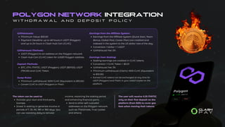 Withdrawals:
Minimum Value: $30.00
Payment Deadline: up to 48 hours in USDT (Polygon)
and up to 24 hours in Clash Hub Coin (CLHC).
Withdrawal Methods:
USDT (Polygon) to an address on the Polygon network.
Clash Hub Coin (CLHC) token for WEB3 Polygon address.
Deposit Methods:
BTC, ETH, MATIC, USDT (Polygon), USDT (BEP20), USDT
(TRC20) and CLHC Token.
Swap Rules:
Minimum withdrawal: 1000 CLHC (Equivalent to $10.00)
Convert CLHC to USDT (Polygon) or Matic
The user will receive 0.25 MATIC
only on their first deposit on the
platform (from $20) to cover gas
fees when moving their tokens.
The token can be used to:
Activate your own and third-party
licenses.
Invest in staking to generate income in
periods of 7, 30, 90, 180 or 360 days. You
can use restoking daily to reinvest
Earnings from the Affiliate System:
Earnings from the Affiliate System (Quick Start, Team
Bonus, Global Pool, Career Plan) are credited and
indexed in the system to the US dollar rate of the day.
Conversion: 1 dollar = 1 USDT
Withdrawal Fee: 5%
Earnings from Staking:
Staking earnings are credited in CLHC tokens.
Conversion: 1 CLHC Token = $0.01
Withdrawal Fee: 3%
Minimum withdrawal (Claim): 1000 CLHC (Equivalent
to $10.00)
Earned CLHC tokens can be exchanged at any time for
USDT (Polygon) and Matic in your Web3 Wallet on the
platform.
income, restarting the staking period
and enhancing financial gains.
Send to other self-custodial
addresses on the Polygon network,
such as: Metamask, Trust Wallet
and others).
POLYGON NETWORK INTEGRATION
W i t h d r a w a l a n d D e p o s i t P o l i c y
 