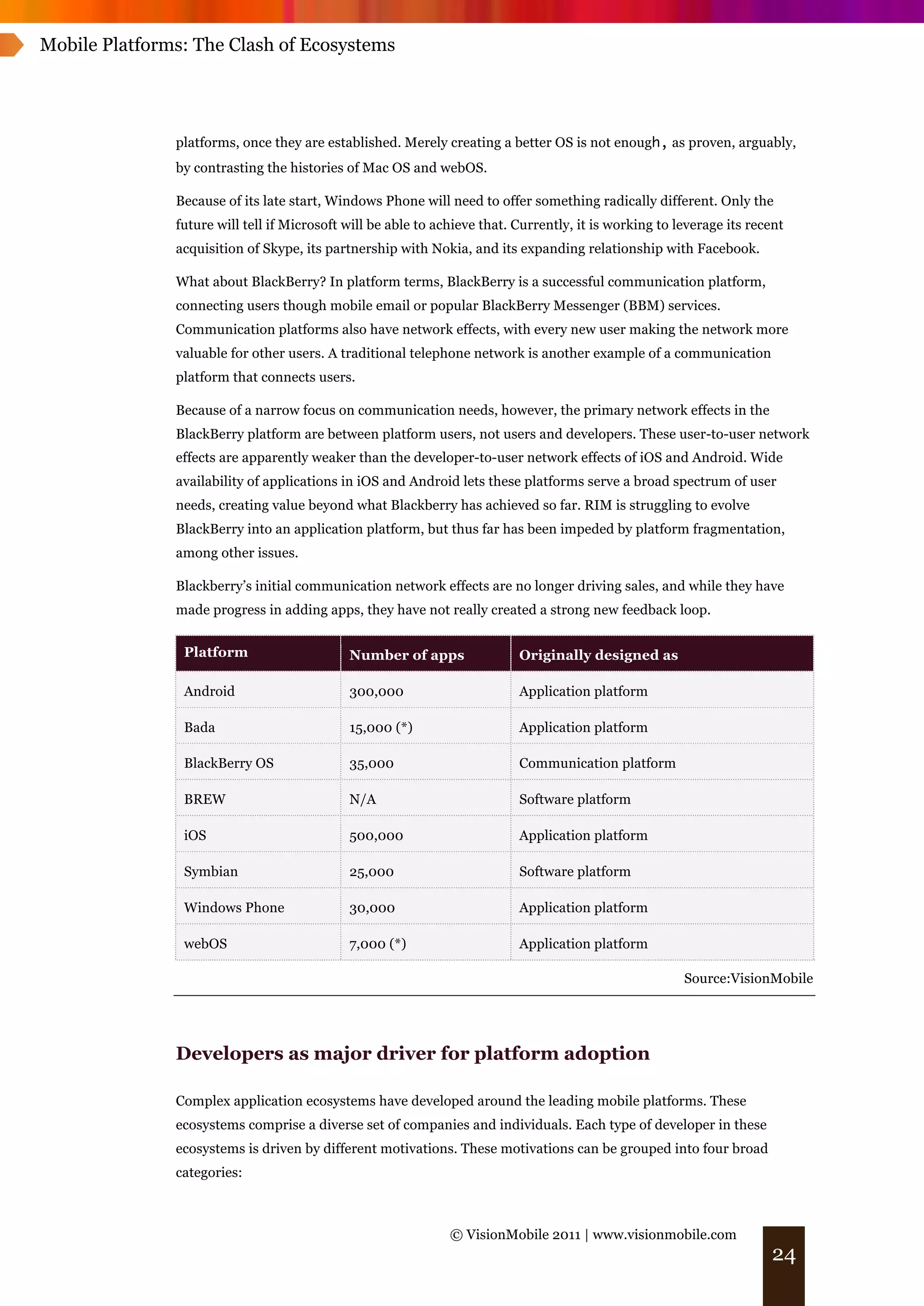 Mobile Platforms: The Clash of Ecosystems




               platforms, once they are established. Merely creating a better OS is not enough, as proven, arguably,
               by contrasting the histories of Mac OS and webOS.

               Because of its late start, Windows Phone will need to offer something radically different. Only the
               future will tell if Microsoft will be able to achieve that. Currently, it is working to leverage its recent
               acquisition of Skype, its partnership with Nokia, and its expanding relationship with Facebook.

               What about BlackBerry? In platform terms, BlackBerry is a successful communication platform,
               connecting users though mobile email or popular BlackBerry Messenger (BBM) services.
               Communication platforms also have network effects, with every new user making the network more
               valuable for other users. A traditional telephone network is another example of a communication
               platform that connects users.

               Because of a narrow focus on communication needs, however, the primary network effects in the
               BlackBerry platform are between platform users, not users and developers. These user-to-user network
               effects are apparently weaker than the developer-to-user network effects of iOS and Android. Wide
               availability of applications in iOS and Android lets these platforms serve a broad spectrum of user
               needs, creating value beyond what Blackberry has achieved so far. RIM is struggling to evolve
               BlackBerry into an application platform, but thus far has been impeded by platform fragmentation,
               among other issues.

               Blackberry’s initial communication network effects are no longer driving sales, and while they have
               made progress in adding apps, they have not really created a strong new feedback loop.


                Platform                     Number of apps                Originally designed as

                Android                      300,000                       Application platform

                Bada                         15,000 (*)                    Application platform

                BlackBerry OS                35,000                        Communication platform

                BREW                         N/A                           Software platform

                iOS                          500,000                       Application platform

                Symbian                      25,000                        Software platform

                Windows Phone                30,000                        Application platform

                webOS                        7,000 (*)                     Application platform

                                                                                                        Source:VisionMobile




               Developers as major driver for platform adoption

               Complex application ecosystems have developed around the leading mobile platforms. These
               ecosystems comprise a diverse set of companies and individuals. Each type of developer in these
               ecosystems is driven by different motivations. These motivations can be grouped into four broad
               categories:



                                                               © VisionMobile 2011 | www.visionmobile.com
                                                                                                                       24
 