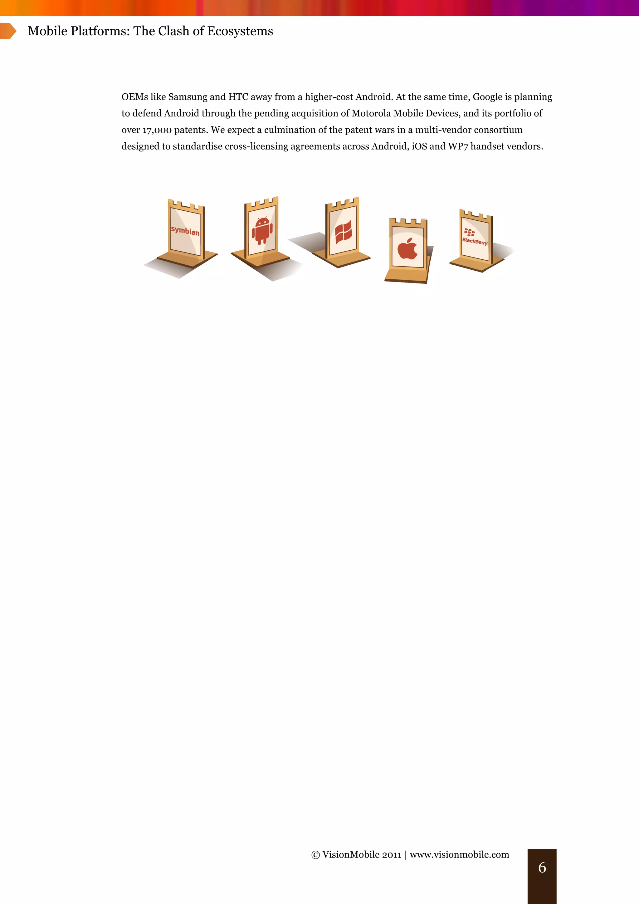 Mobile Platforms: The Clash of Ecosystems




               OEMs like Samsung and HTC away from a higher-cost Android. At the same time, Google is planning
               to defend Android through the pending acquisition of Motorola Mobile Devices, and its portfolio of
               over 17,000 patents. We expect a culmination of the patent wars in a multi-vendor consortium
               designed to standardise cross-licensing agreements across Android, iOS and WP7 handset vendors.




                                                           © VisionMobile 2011 | www.visionmobile.com
                                                                                                                6
 