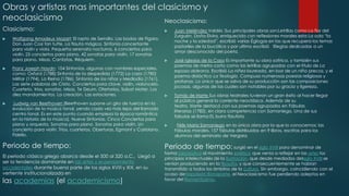 Obras y artistas mas importantes del clasicismo y
neoclasicismo
Neoclasicismo:
Clasicismo:








Wolfgang Amadeus Mozart: El rapto de Serrallo. Las bodas de Fígaro.
Don Juan Cosi fan tutte. La flauta mágica. Sinfonía concertante
para violín y viola. Pequeña serenata nocturna. 6 conciertos para
violín. 25 conciertos para piano. 42 sonatas para violín. 17 sonatas
para piano. Misas. Cantatas. Réquiem.

Juan Meléndez Valdés :Sus principales obras son:Letrillas como La flor del
Zurguén, Doña Elvira, enriquecida con reflexiones morales esta La oda “la
noche y la soledad”, escribió varias Églogas en las que recupera los temas
pastoriles de la bucólica y por ultimo escribió Elegías dedicadas a un
amor desconocido del poeta.



Franz Joseph Haydn: 104 Sinfonías, algunas con nombres especiales,
como: Oxford (1788) Sinfonía de la despedida (1772) La caza (1780)
Militar (1794), La Reina (1786), Sinfonía de los niños y Mediodía (1761).
Las siete palabras de Cristo. Conciertos para clave, violín, violoncelo.
Cuarteto, tríos, sonatas. Misas, Te Deum, Ofertorios, Sabat Mater. Los
diez mandamientos. La creación. Las estaciones.

José Iglesias de la Casa Es importante su obra satírica, y también sus
poemas de metro corto como las letrillas agrupadas con el título de La
esposa aldeana. Escribió La niñez laureada, en loor de un niño precoz, y el
poema didáctico La Teología. Compuso numerosas poesías religiosas y
profanas. Lo único que se salva de su producción son las composiciones
jocosas, algunas de las cuales son notables por su gracia y ligereza.



Tomás de Iriarte Sus obras teatrales tuvieron un gran éxito al hacer llegar
al público general la corriente neoclásica. Además de su
teatro, Iriarte destacó con sus poemas agrupados en Fábulas
literarias (1782), en clara competencia con Samaniego. Una de sus
fabulas se llama EL burro flautista.



Félix María Samaniego en la única obra por la que lo conocemos: las
Fábulas morales, 157 fábulas distribuidas en 9 libros, escritas para los
alumnos del seminario de Vergara

Ludwig van Beethoven (Beethoven supone un giro de tuerca en la
evolución de la música tonal, yendo cada vez más lejos del llamado
centro tonal. Es en este punto cuando empieza la época romántica
en la historia de la música). Nueve Sinfonías. Cinco Conciertos para
piano y orquesta. Sonatas para piano. Sonatas para violín. Un
concierto para violín. Tríos, cuartetos, Oberturas, Egmont y Cariolano.
Fidelio.

Periodo de tiempo:
El periodo clásico griego abarca desde el 500 al 320 a.C., Llegó a
ser la tendencia dominante en las artes y el pensamiento
occidentales durante buena parte de los siglos XVIII y XIX, en su
vertiente institucionalizada en

las academias (el academicismo)

Periodo de tiempo: surgió en el siglo XVIII para denominar de

forma peyorativa al movimiento estético que venía a reflejar en las artes los
principios intelectuales de la Ilustración, que desde mediados delsiglo XVIII se
venían produciendo en la filosofía, y que consecuentemente se habían
transmitido a todos los ámbitos de la cultura. Sin embargo, coincidiendo con el
ocaso deNapoleón Bonaparte, el Neoclasicismo fue perdiendo adeptos en
favor del Romanticismo.

 