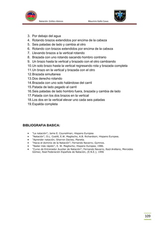 Natación Estilos clásicos

Mauricio Gallo Casas

3. Por debajo del agua
4. Rotando brazos extendidos por encima de la cabeza
5. Seis patadas de lado y cambia al otro
6. Rotando con brazos extendidos por encima de la cabeza
7. Llevando brazos a la vertical rotando
8. Brazada con uno rotando sacando hombro contrario
9. Un brazo hasta la vertical y brazado con el otro cambiando
10. Un solo brazo hasta la vertical regresando rota y brazada completa
11. Un brazo en la vertical y brazada con el otro
12. Brazada simultanea
13. Dos derecho rotando
14. Brazada con uno solo halándose del carril
15. Patada de lado pegado al carril
16. Seis patadas de lado hombro fuera, brazada y cambia de lado
17. Patada con los dos brazos en la vertical
18. Los dos en la vertical elevar uno cada seis patadas
19. Espalda completa

BIBLIOGRAFIA BASICA:







"La natación"; Jame E. Counsilman; Hispano Europea
"Natación"; D.L. Costill, E.W. Maglischo, A.B. Richardson; Hispano Europea.
"Aprender natación; Sharron Davies; Planeta.
"Hacia el dominio de la Natación"; Fernando Navarro; Gymnos.
"Nadar más rápido"; E. W. Maglischo; Hispano Europea, 1986.
"Curso de Entrenador Auxiliar de Natación"; Fernando Navarro, Raúl Arellano, Mercedes
Gómez; Real Federación Española de Natación, (E.N.E.); 1996

109

 