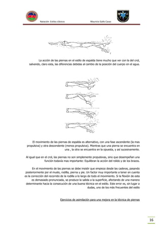 Natación Estilos clásicos

Mauricio Gallo Casas

La acción de las piernas en el estilo de espalda tiene mucho que ver con la del crol,
salvando, claro esta, las diferencias debidas al cambio de la posición del cuerpo en el agua.

El movimiento de las piernas de espalda es alternativo, con una fase ascendente (la mas
propulsiva) y otra descendente (menos propulsiva). Mientras que una pierna se encuentra en
una , la otra se encuentra en la opuesta, y así sucesivamente.
Al igual que en el crol, las piernas no son simplemente propulsivas, sino que desempeñan una
función todavía mas importante: Equilibran la acción del rolido y de los brazos.
En el movimiento de las piernas se debe insistir que empieza desde las caderas, pasando
posteriormente por el muslo, rodilla, pierna y pie. Un factor muy importante a tener en cuenta
es la corrección del recorrido de la rodilla a lo largo de todo el movimiento. Si la flexión de esta
es demasiado pronunciada, se produce la salida a la superficie, afectando de una manera
determinante hacia la consecución de una buena técnica en el estilo. Este error es, sin lugar a
dudas, uno de los más frecuentes del estilo

Ejercicios de asimilación para una mejora en la técnica de piernas

16

 