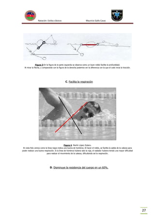 Natación Estilos clásicos

Mauricio Gallo Casas

Figura 3:En la figura de la parte izquierda se observa como un buen rolido facilita la profundidad.
Al mirar la flecha, y comparando con la figura de la derecha podemos ver la diferencia con la que el codo inicia la tracción.

C. Facilita la respiración

Figura 4: Martín López Zubero.
En esta foto vemos como la línea negra indica una buena de hombros. Al hacer el rolido, se facilita la salida de la cabeza para
poder realizar una buena respiración. Si la línea de hombros hubiera sido la roja, el nadador hubiera tenido una mayor dificultad
para realizar el movimiento de la cabeza, dificultando así la respiración.

D. Disminuye la resistencia del cuerpo en un 60%.

27

 