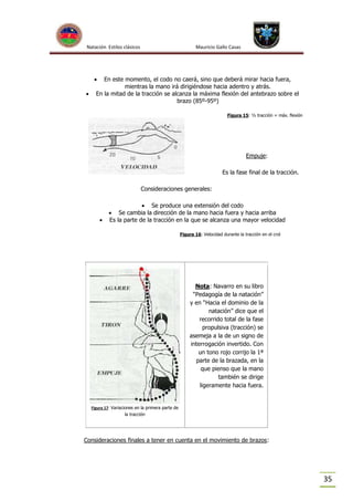Natación Estilos clásicos

Mauricio Gallo Casas




En este momento, el codo no caerá, sino que deberá mirar hacia fuera,
mientras la mano irá dirigiéndose hacia adentro y atrás.
En la mitad de la tracción se alcanza la máxima flexión del antebrazo sobre el
brazo (85º-95º)
Figura 15: ½ tracción = máx. flexión

Empuje:
Es la fase final de la tracción.
Consideraciones generales:



 Se produce una extensión del codo
 Se cambia la dirección de la mano hacia fuera y hacia arriba
Es la parte de la tracción en la que se alcanza una mayor velocidad
Figura 16: Velocidad durante la tracción en el crol

Nota: Navarro en su libro
“Pedagogía de la natación”
y en “Hacia el dominio de la
natación” dice que el
recorrido total de la fase
propulsiva (tracción) se
asemeja a la de un signo de
interrogación invertido. Con
un tono rojo corrijo la 1ª
parte de la brazada, en la
que pienso que la mano
también se dirige
ligeramente hacia fuera.

Figura 17: Variaciones en la primera parte de
la tracción

Consideraciones finales a tener en cuenta en el movimiento de brazos:

35

 