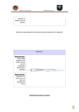 Natación Estilos clásicos

Mauricio Gallo Casas

utilizarse un
flotador entre las
piernas.

Ejercicios de aprendizaje del movimiento de piernas asociado con la respiración

EJERCICIO 1

Planteamiento:
Brazos abajo
pegados en los
muslos. Piernas
de crol.
Respiración
lateral cada 4
segundos

Observaciones:
Variantes: Con
perrito, etc., es
decir con
propulsión de
brazos

COORDINACIÓN BRAZOS-PIERNAS

46

 