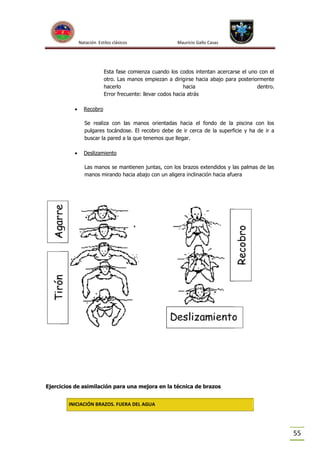 Natación Estilos clásicos

Mauricio Gallo Casas

Esta fase comienza cuando los codos intentan acercarse el uno con el
otro. Las manos empiezan a dirigirse hacia abajo para posteriormente
hacerlo
hacia
dentro.
Error frecuente: llevar codos hacia atrás


Recobro
Se realiza con las manos orientadas hacia el fondo de la piscina con los
pulgares tocándose. El recobro debe de ir cerca de la superficie y ha de ir a
buscar la pared a la que tenemos que llegar.



Deslizamiento
Las manos se mantienen juntas, con los brazos extendidos y las palmas de las
manos mirando hacia abajo con un aligera inclinación hacia afuera

Ejercicios de asimilación para una mejora en la técnica de brazos
INICIACIÓN BRAZOS. FUERA DEL AGUA

55

 
