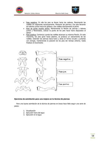 Natación Estilos clásicos





Mauricio Gallo Casas

Fase negativa: En ella los pies se llevan hacia las caderas, flexionando las
rodillas sin separarlas excesivamente. Flexionar las piernas y los pies llevando
los talones juntos hacia los glúteos y las rodillas directamente al pecho
Fase de punto muerto activo: Manteniendo la flexión de piernas y talones
juntos y flexionados, colocar la punta de los pies hacia fuera dispuestos al
apoyo
Fase positiva: Comienza cuando las rodillas alcanzan su máxima flexión. En este
momento, los pies giran hacia adentro, se produce un estiramiento de las
rodillas. Extender las piernas hacia fuera y atrás en forma circular y juntarlas
con energía, manteniendo la posición de los pies de¡ tiempo anterior, hasta
finalizar el movimiento

Ejercicios de asimilación para una mejora en la técnica de piernas
Para una buena asimilación de la técnica de piernas en braza hace falta seguir una serie de
pasos:
1. Visualización
2. Ejecución fuera del agua
3. Ejecución en el agua

58

 
