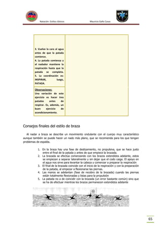 Natación Estilos clásicos

Mauricio Gallo Casas

3. Vuelve la cara al agua
antes de que la patada
comience.
4. La patada comienza y
el nadador mantiene la
respiración hasta que la
patada se completa.
5. La coordinación es:
INSPIRAR,
luego,
PATADA.
Observaciones:
Una variación de este
ejercicio es hacer tres
patadas
antes
de
respirar. Es, además, un
buen
ejercicio
de
acondicionamiento.

Consejos finales del estilo de braza
Al nadar a braza se describe un movimiento ondulante con el cuerpo muy característico
aunque también se puede hacer un nado más plano, que se recomienda para los que tengan
problemas de espalda.
1. En la braza hay una fase de deslizamiento, no propulsiva, que se hace justo
entre el final de la patada y antes de que empiece la brazada.
2. La brazada se efectúa comenzando con los brazos extendidos adelante, estos
se empiezan a separar lateralmente y sin dejar que el codo caiga. El apoyo en
el agua nos sirve para levantar la cabeza y comenzar a preparar la respiración
3. El final de la brazada coincide con el inicio de la respiración y con la preparación
de la patada, al empezar a flexionarse las piernas.
4. Las manos se adelantan (fase de recobro de la brazada) cuando las piernas
están totalmente flexionadas y listas para la propulsión
5. La patada no a de coincidir con la brazada (un error bastante común) sino que
se ha de efectuar mientras los brazos permanecen extendidos adelante

65

 