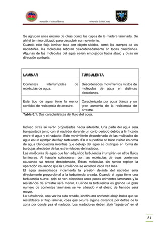 Natación Estilos clásicos

Mauricio Gallo Casas

Se agrupan unas encima de otras como las capas de la madera laminada. De
ahí el termino utilizado para descubrir su movimiento.
Cuando este flujo laminar topa con objeto sólidos, como los cuerpos de los
nadadores, las moléculas rebotan desordenadamente en todas direcciones.
Algunas de las moléculas del agua serán empujados hacia abajo y otras en
dirección contraria.

LAMINAR
Corrientes
interrumpidas
moléculas de agua.

TURBULENTA
de Desordenados movimientos mixtos de
moléculas de agua en distintas
direcciones.

Este tipo de agua tiene la menor Caracterizada por agua blanca y un
cantidad de resistencia de arrastre.
gran aumento de la resistencia de
arrastre.
Tabla 6.1. Dos características del flujo del agua.

Incluso otras se verán propulsadas hacia adelante. Una parte del agua será
transportada junto con el nadador durante un corto periodo debido a la fricción
entre el agua y el nadador. Este movimiento desordenado de las moléculas de
agua es un ejemplo del flujo turbulento. En la superficie se hace visible en orma
de agua blanquecina mientras que debajo del agua se distingue en forma de
burbujas alrededor de las extremidades del nadador.
Las moléculas de agua que han adquirido turbulencia irrumpirán en otros flujos
laminares. Al hacerlo colisionaran con las moléculas de esas corrientes
causando su rebote desordenado. Estas moléculas sin rumbo repiten la
operación causando que la turbulencia se extienda cada vez mas.
El agua arremolinada incrementa la presión delante del nadador será
directamente proporcional a la turbulencia creada. Cuando el agua tiene una
turbulencia suave, solo se ven afectados unas pocas corrientes laminares y la
resistencia de arrastre será menor. Cuando la turbulencia es grande un gran
numero de corrientes laminares se ve alterado y el efecto de frenado será
mayor.
La turbulencia, una vez ha sido creada, continuara corriente abajo hasta que se
restablezca el flujo laminar, cosa que ocurre alguna distancia por detrás de la
zona por donde psa el nadador. Los nadadores deben abrir “agujeros” en el

81

 