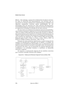 México . Sin embargo, a pesar de la elaboración de planes naciona-
les para la obtención del financiamiento, las acciones que se
ejecutaron no siempre obedecieron el planteamiento realizado y los
objetivos propuestos tuvieron pocas posibilidades de ser
alcanzados ante los procesos de crisis internas (devaluaciones,
inestabilidad política y represión) y externas (recesión mundial) que
se registraron al finalizar la década de los años sesenta.
En este marco se realizaron los primeros ejercicios de planifica-
ción turística nacional y regional en el terreno latinoamericano. En
1963 se realizó el Plan Nacional de Desarrollo Turístico en México,
documento pionero en la materia en el contexto latinoamericano; en
1968 se elaboró el Primer Documento de Trabajo para la Planifica-
ción Turística de Argentina; en 1969 el Primer Plan de Desarrollo
Regional para Cuzco y Puno, en Perú; y entre 1972 y 1973 el
Proyecto TURIS en Brasil. (Acerenza, 1985: 43-44)
Después de estas primeras experiencias, y sobre la base de los
trabajos de planificación realizados por la CEPAL y el ILPES, los
modelos de la planificación desarrollista que se propusieron para
América Latina tuvieron un fuerte contenido crítico, al contrario de
lo expuesto por Getz, con la pretensión de aportar fórmulas que
condujeran a la actividad turística a contribuir al desarrollo
nacional o regional.
Se exponen a continuación algunos de los modelos concretos
que a nuestro entender ilustran este enfoque.
Esquema No. 1. Modelo para la Planificación Integral del Turismo de Molina (1982)
Maribel Osorio García
296 Quivera 2006-1
O c io Tiem po
libre
Turis m o
Man ifes tac iones
P lanific ac ión del
Turis m o
D iagnós tic o
P ronós tic o
O bjetivos
Metas
E s trategias
P rogram as
P res upues tos
P royec tos
E valuac ión
S is tem a
Turís tic o
S uperes truc tura
D em anda
Atrac tivos
Infraes truc tura
P lanta e
Ins talac iones
C om unidad
rec eptora
Ac tivida des
turís tic as
P lan
 