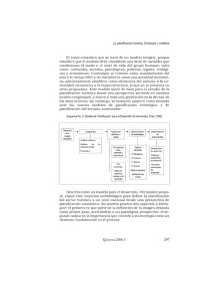 El autor considera que se trata de un modelo integral, porque
establece que el análisis debe considerar una serie de variables que
condicionan el modo y el nivel de vida del grupo humano, tales
como: culturales, sociales, psicológicas, políticas, legales, ecológi-
cas y económicas. Contempla al turismo como manifestación del
ocio y el tiempo libre y no meramente como una actividad económi-
ca, adicionalmente establece como elementos del sistema a la co-
munidad receptora y a la superestructura, lo que no se presenta en
otras propuestas. Este modelo sirvió de base para el estudio de la
planificación turística desde una perspectiva sectorial en ámbitos
locales o regionales, y marcó a toda una generación en la década de
los años ochenta, sin embargo, al momento aparece como limitada
ante los nuevos modelos de planificación estratégica y de
planificación del turismo sustentable.
Esquema No. 2. Modelo de Planificación para el Desarrollo de Hernández Díaz (1982)
Descrito como un modelo para el desarrollo, Hernández propo-
ne seguir este esquema metodológico para definir la planificación
del sector turístico a un nivel nacional desde una perspectiva de
planificación económica. Su modelo plantea dos aspectos a distin-
guir: el primero es que parte de la definición de la imagen deseada
como primer paso, acercándolo a un paradigma prospectivo, el se-
gundo radica en la importancia que concede a la estrategia como un
elemento fundamental en el proceso.
La planificación turística. Enfoques y modelos
Quivera 2006-1 297
Definición
de la
imagen
deseada
Diagnóstico
Análisis histórico
Análisis de la
situaciónactual
Pronóstico
Básica
sectorial:
•T. Receptivo
•T. Emisivo
•T. Interno
•T. Social
Básica espacial:
Definiciónde
zonas
Por periodo:
corto,
mediano y
largo plazo
Fijaciónde
objetivos y
metas
Determinación
de estrategias
Determinación
de
instrumentos
Por
prioridad:
Máxima,
mediana,
mínima ysin
prioridad
•Inversiones
de activo fijo
•Políticas
específicas
de dirección
•Acciones
promotoras
de
desarrollo
 