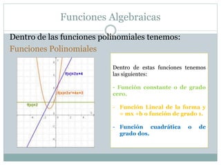 Funciones Algebraicas
Dentro de las funciones polinomiales tenemos:
Funciones Polinomiales
Dentro de estas funciones tenemos
las siguientes:
- Función constante o de grado
cero.
- Función Lineal de la forma y
= mx +b o función de grado 1.
- Función cuadrática o de
grado dos.