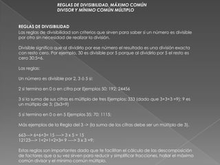 REGLAS DE DIVISIBILIDAD, MÁXIMO COMÚN DIVISOR Y MÍNIMO COMÚN MÚLTIPLO