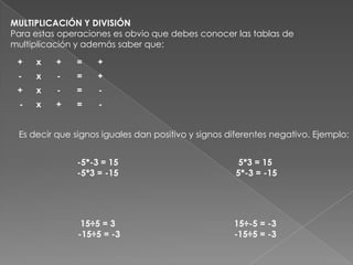 MULTIPLICACIÓN Y DIVISIÓNPara estas operaciones es obvio que debes conocer las tablas de multiplicación y además saber que:Es decir que signos iguales dan positivo y signos diferentes negativo. Ejemplo: