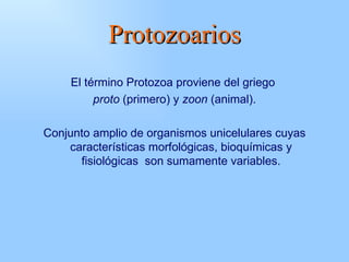 Protozoarios
     El término Protozoa proviene del griego
          proto (primero) y zoon (animal).

Conjunto amplio de o...